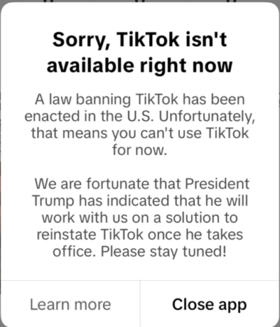 a screenshot of a TikTok error message reading Sorry TikTok isn't available right now.